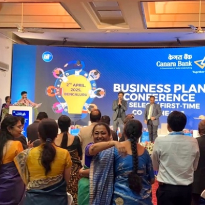  Image of Rahul Kapoor delivering a keynote on GO ALL IN  at Canara Bank’s Business Plan Conference 2025